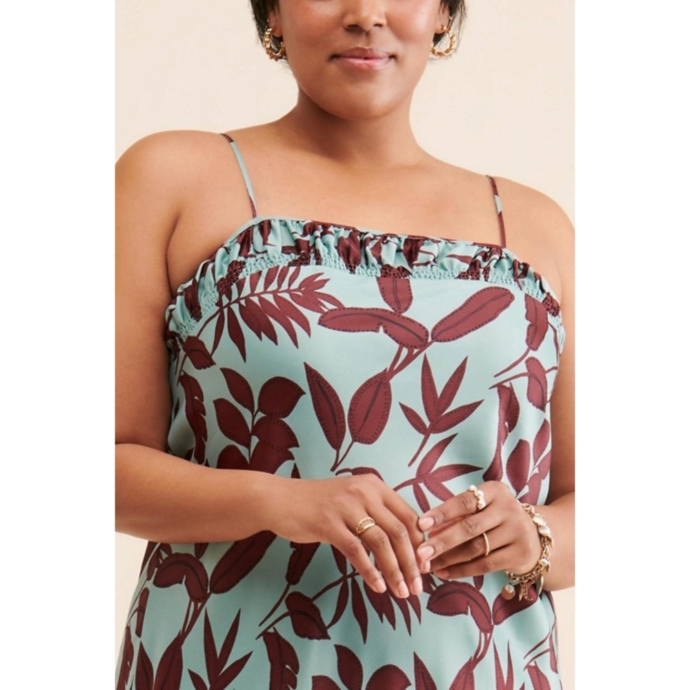 Anthropologie Maxi Slip Dress Size 1X Mint Green Brown Botanical Satin Leg Slit - Picture 2 of 14